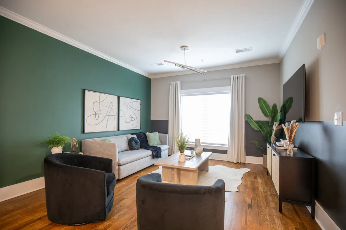 A cozy, contemporary living room featuring a green accent wall, a plush sofa, a chic coffee table, an indoor plant, and a large window that floods the space with natural light. The room feels welcoming and ideal for socializing or relaxing, with hints of a vibrant, lived-in atmosphere.